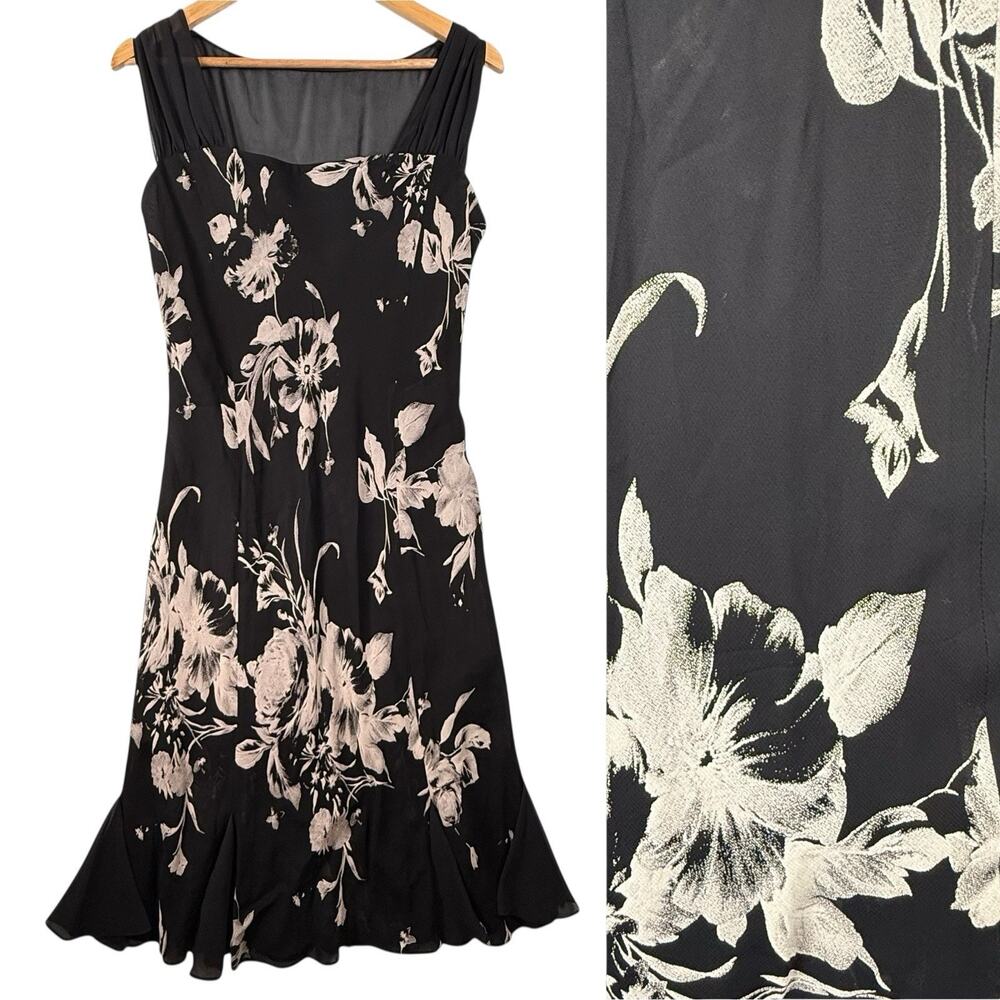 VTG Romantic Sweetheart Ruffle Midi Dress SIZE 14 Womens Black White Evan Picone